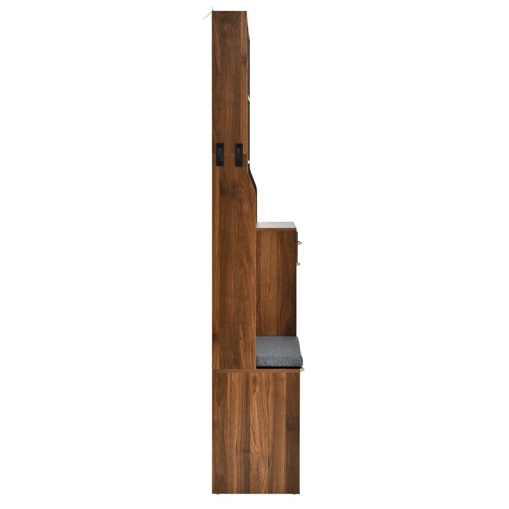 Mobili da ingresso con panca, 3 ante ribaltabili, cassetto, ripiani aperti e ganci, in MDF, noce, 100 × 30 × 170 cm
