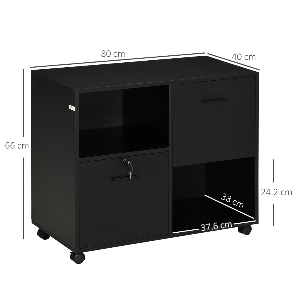 Mobile da Ufficio con 2 Cassetti Porta Documenti e Ripiani, Ruote con Blocco, 80x40x66cm, Nero