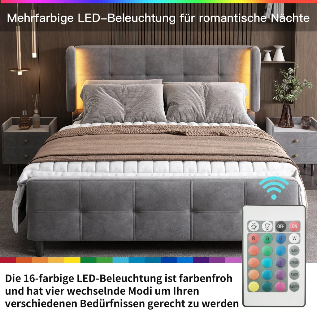 Letto Matrimoniale 140 x 200 cm - LED Regolabile e Testiera Regolabile - in Velluto - Grigio