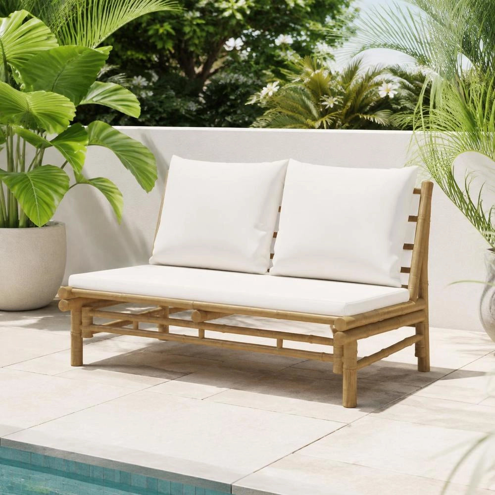 Garden Bench With Cream-white Cushions, Bamboo