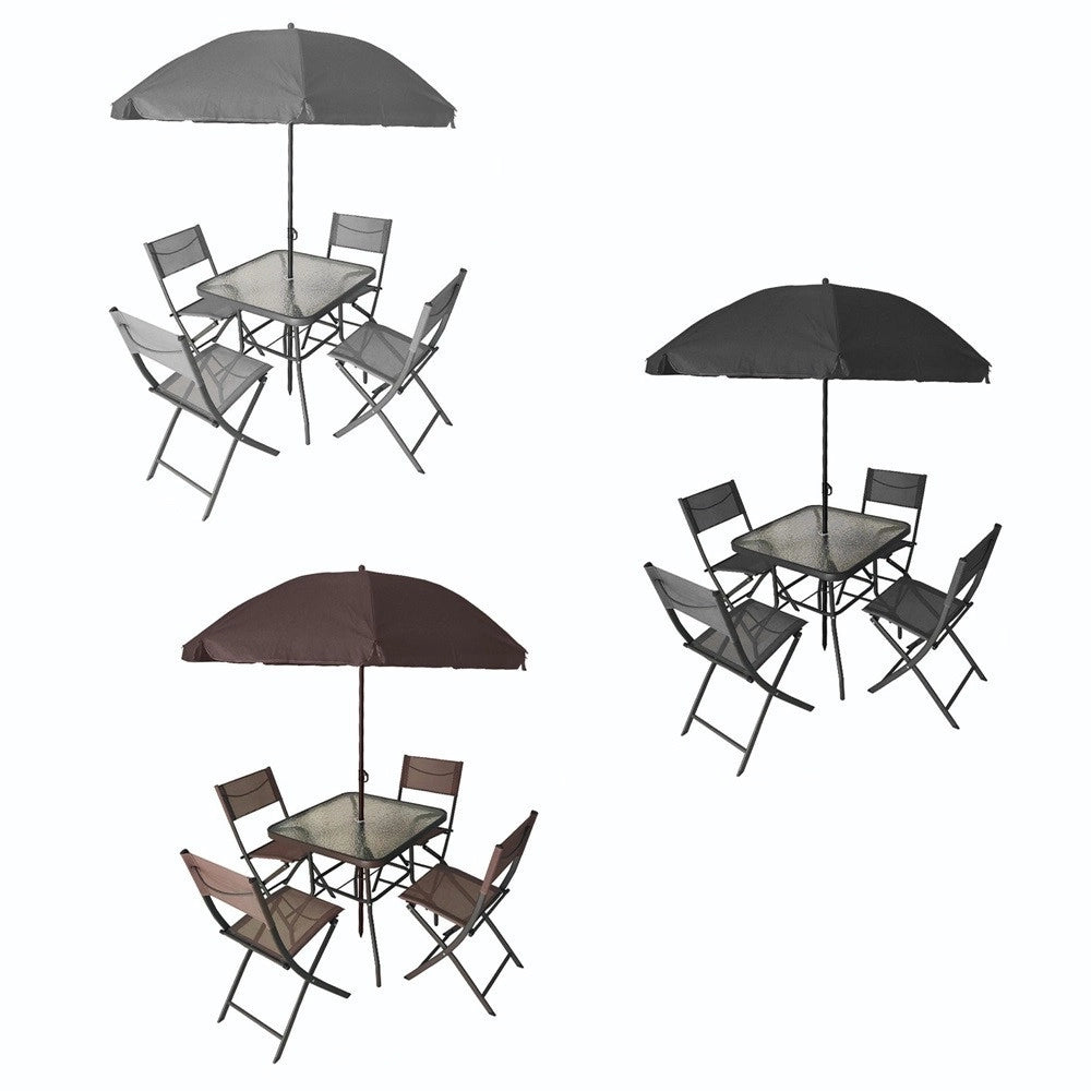 Trade Shop - Set Giardino Sharm Tavolo Con Ripiano Vetro 70x70cm 4 Sedie Pieghevoli Ombrellone Parasole -