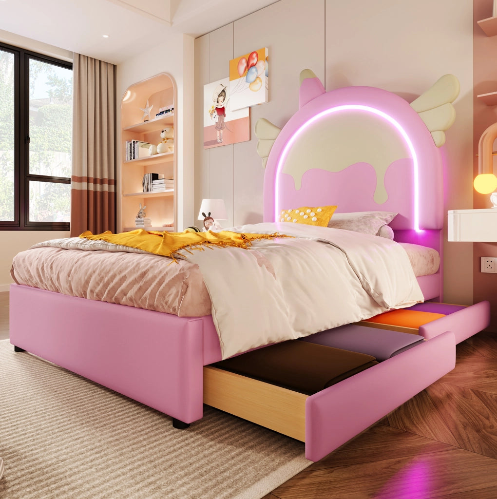 Letto imbottito rosa con leuchtleiste e 2 cassetti, 90 x 200 cm
