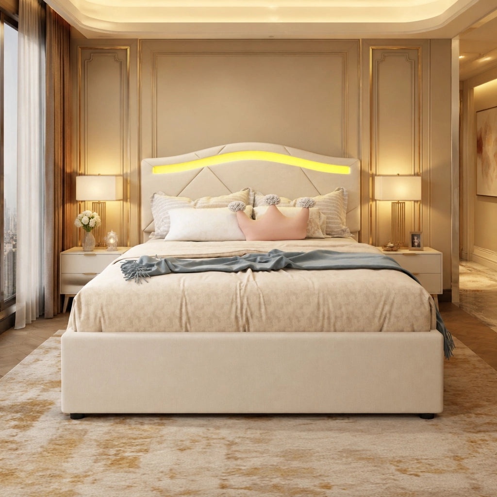 LETTO imbottito 90x200 cm con LED e 2 cassetti, lino beige