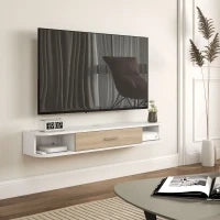 Mobile TV da Parete per TV fino a 50 Pollici con Scomparti Aperti e Armadio con Anta Ribaltabile, Bianco