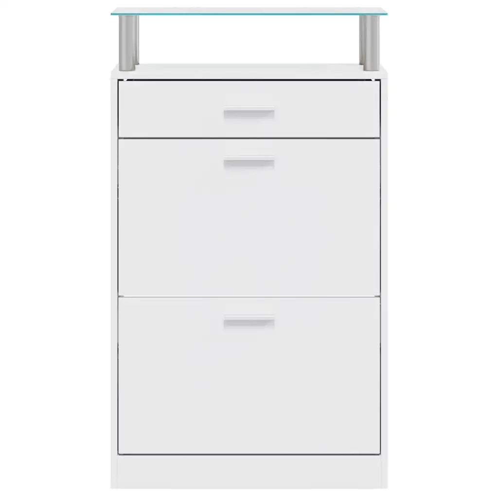 Scarpiera con Cassetto e Mensola Vetro Sopra in Legno Bianco 241244