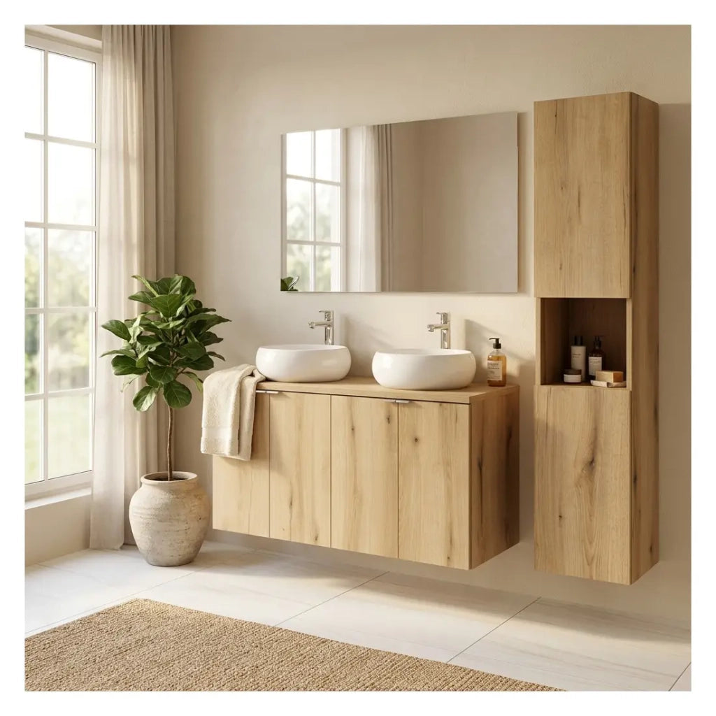 Set VANO finitura quercia 150cm: mobiletti sottolavabo con ante + piano per lavabo + lavabi da appoggio rotondi bianchi + colonna