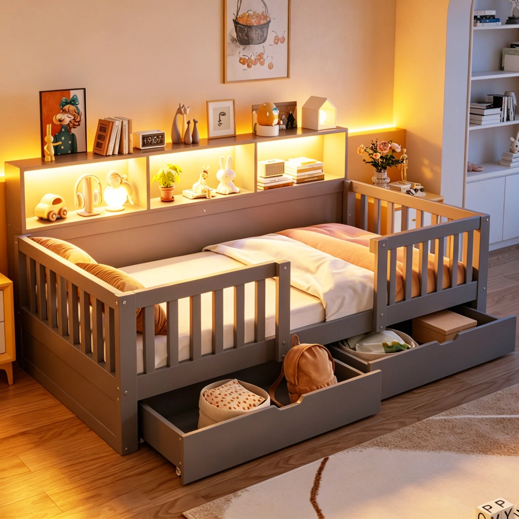 Letto per bambini 90 × 200 cm con barriera di sicurezza, 2 cassetti, ripiani e LED, senza materasso, grigio