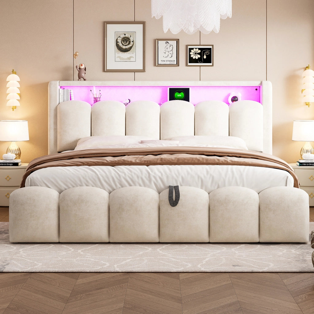 Letto Contenitore Matrimoniale 180x200 cm; USB; Type-C; LED; in Velluto - Beige