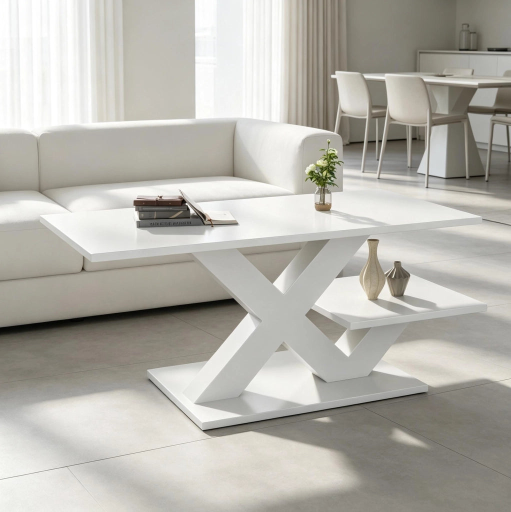Tavolino da caffè 100x48x45 cm con doppio piano in MDF bianco