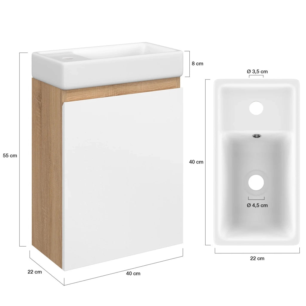 IDMarket - TOMI Mobile lavabo sospeso a 1 anta in faggio e bianco con lavabo in ceramica bianca