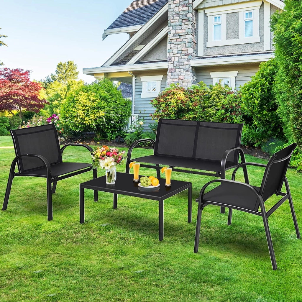 Set di 4 mobili da giardino per 4 persone, set da giardino con 2 sedie e 1 panca e 1 tavolino da caffè, set di mobili da terrazza per piscina, cortile (nero), QF54737IBDE
