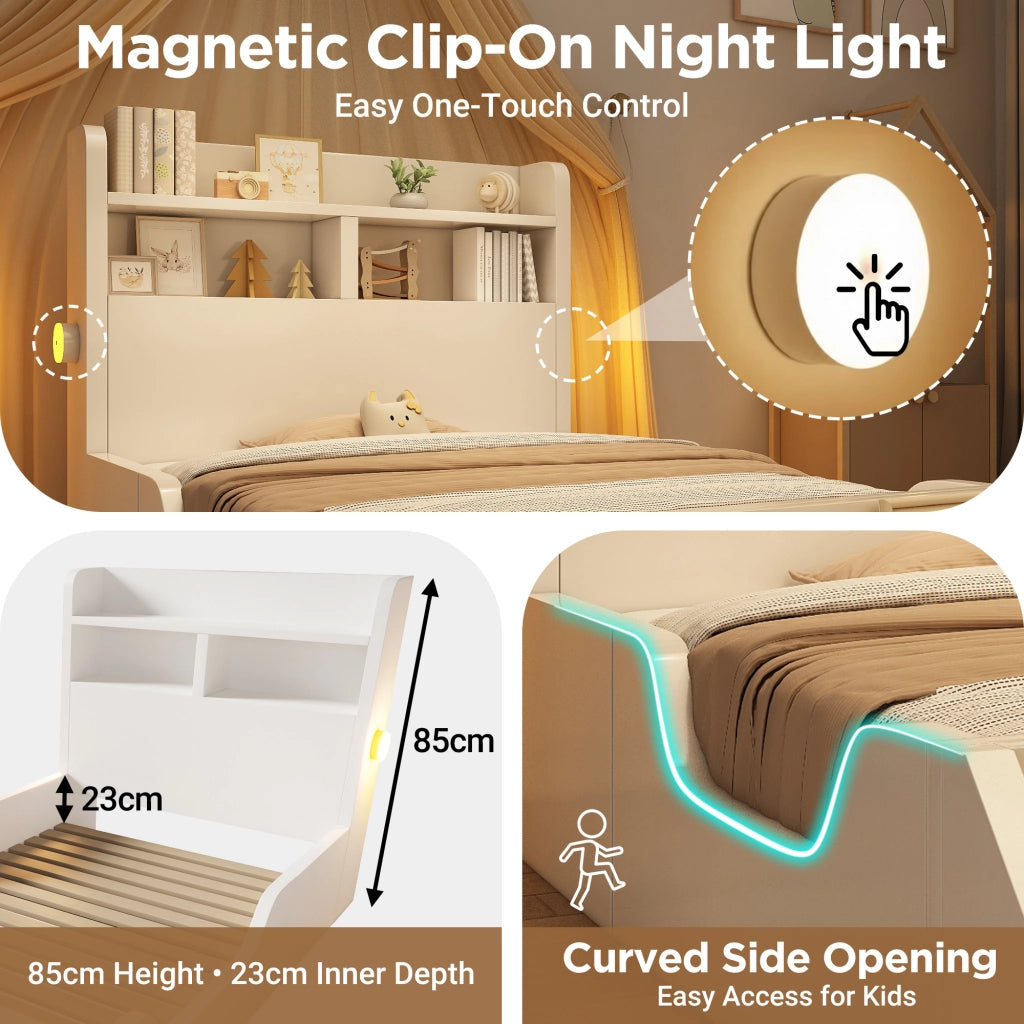 Letto Singolo 90 x 200 cm; Luci Notturne; Mensole e Libreria - Legno - Bianco
