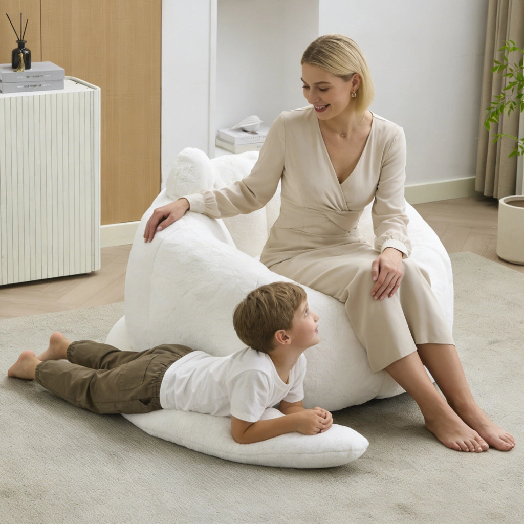 Fauteuil pouf a fiore con imbottitura in schiuma design leggero per soggiorno e camera da letto in peluche bianco