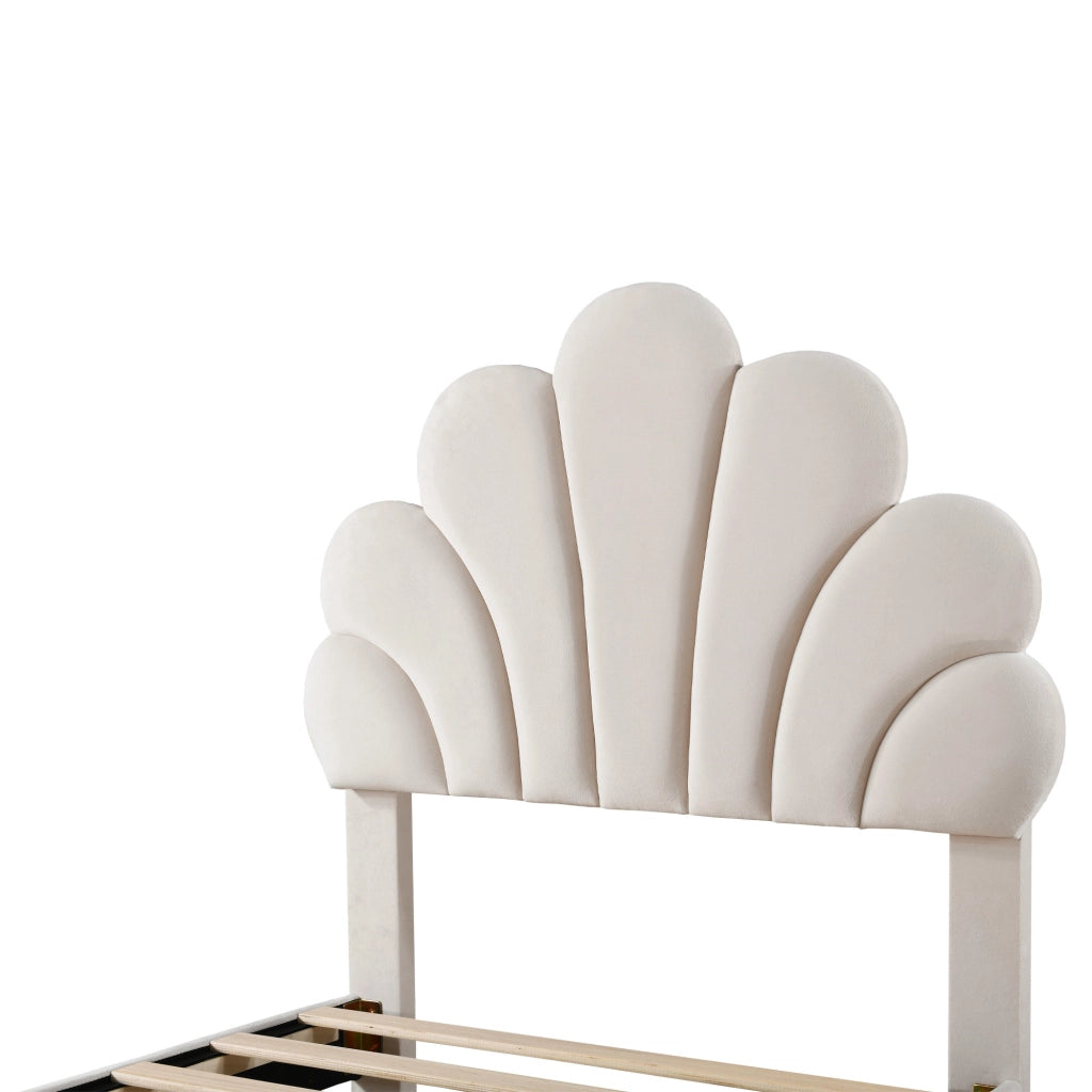 Letto per Bambini 90×200 cm con 2 Cassetti e Testiera Floreale; senza Materasso; Beige; Velluto