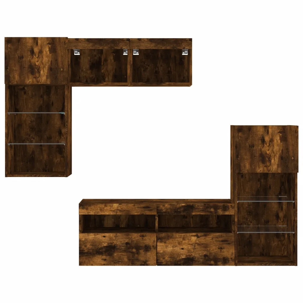 Mobili TV a Muro con LED 5pz Rovere Fumo in Legno Multistrato 3216729