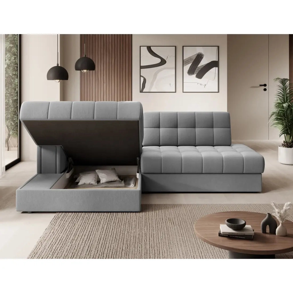 Divano ad angolo convertibile CUBITO grigio 240 cm con contenitore e letto