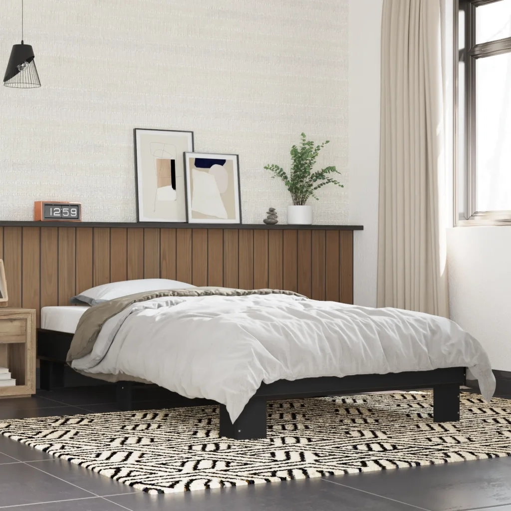 Letto singolo | Letto per adulti | Giroletto Nero 75x190 cm in Legno Multistrato e Metallo