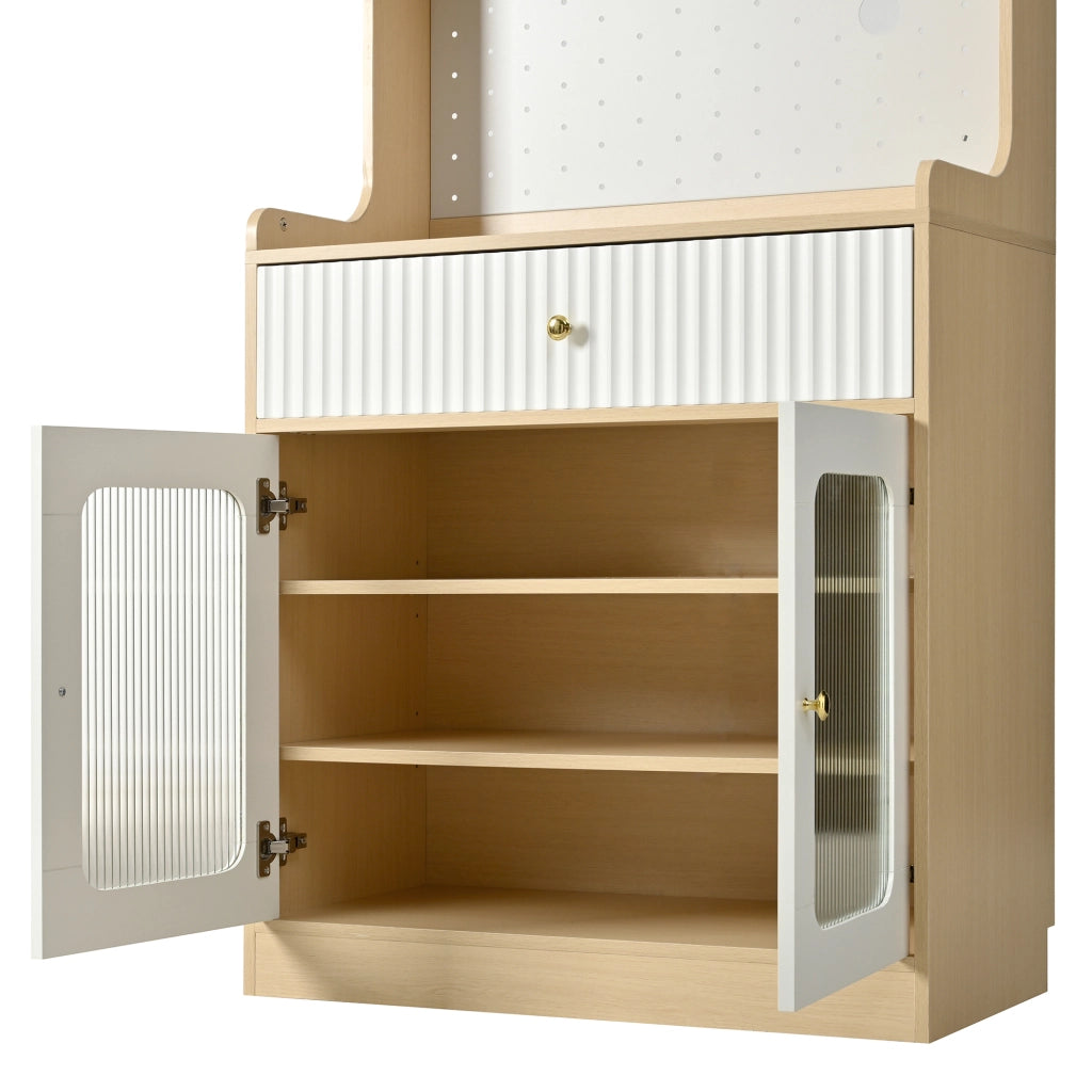 Credenza alta con LED, 1 cassetto, ripiani regolabili e anta a ribalta, per cucina e soggiorno, 80 × 40 × 180 cm