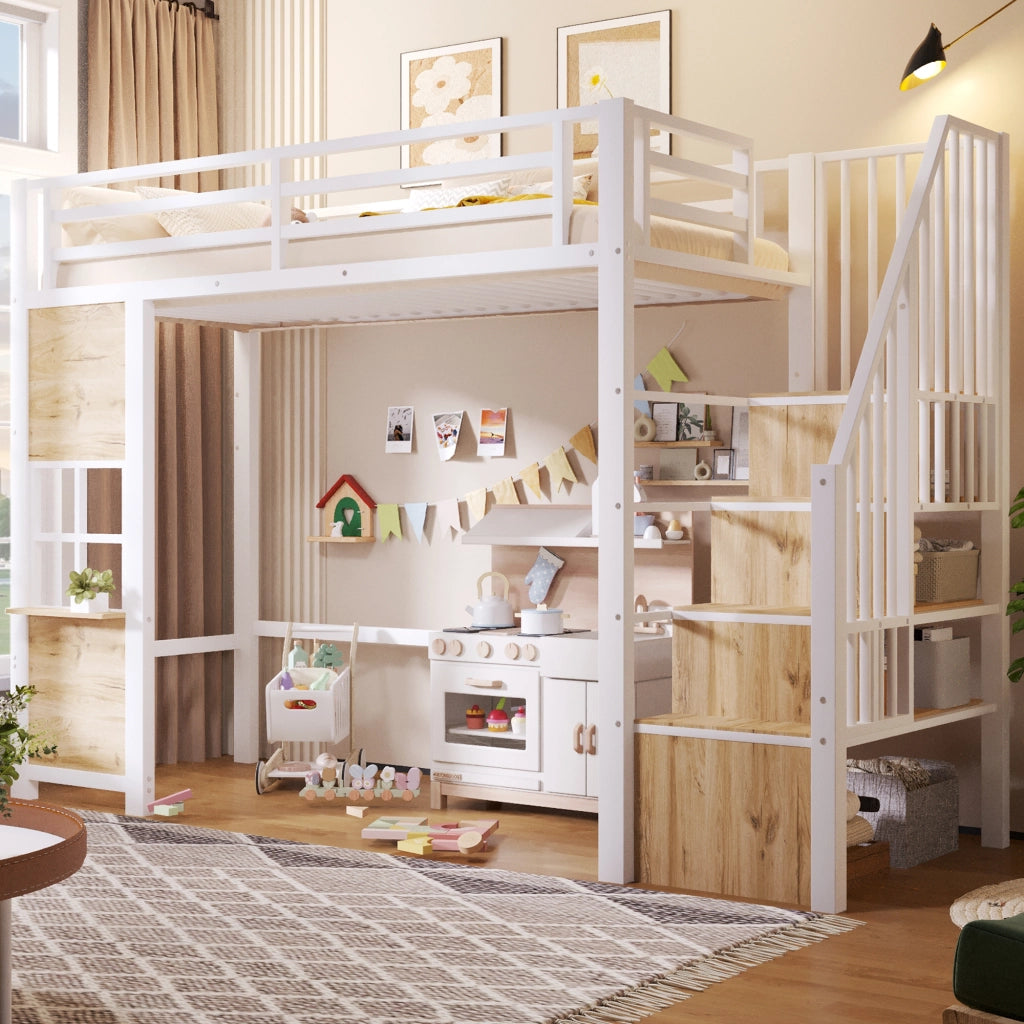 Letto a soppalco 90x200 cm con scala contenitore; finestra; spazio libero sottostante e parapetto; metallo bianco