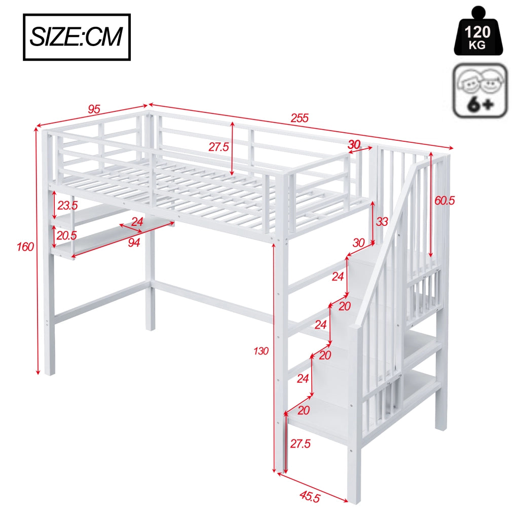 Letto a soppalco ULEVR 90x200 cm con scala contenitore, ripiani e sponde di sicurezza, bianco