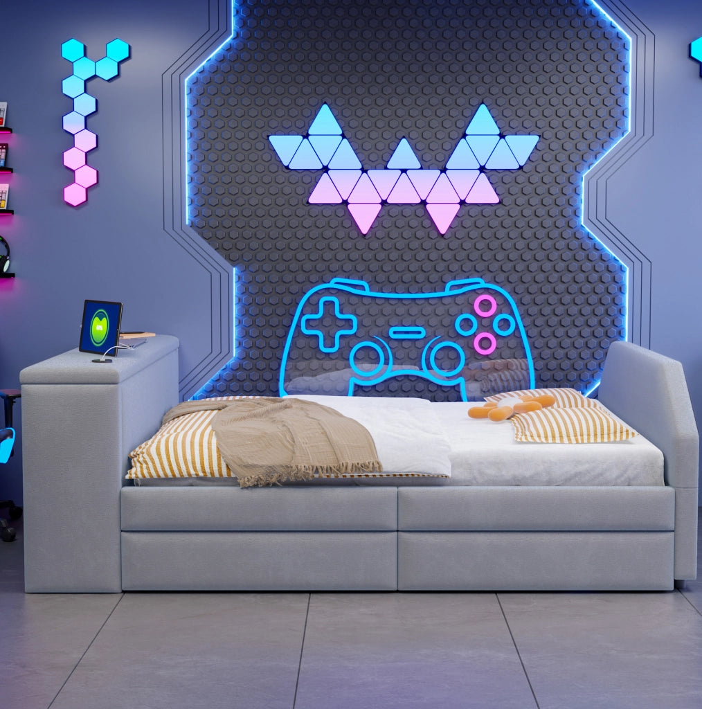 Letto imbottito per bambini 90x200 cm con scrivania, USB e letto estraibile in velluto grigio