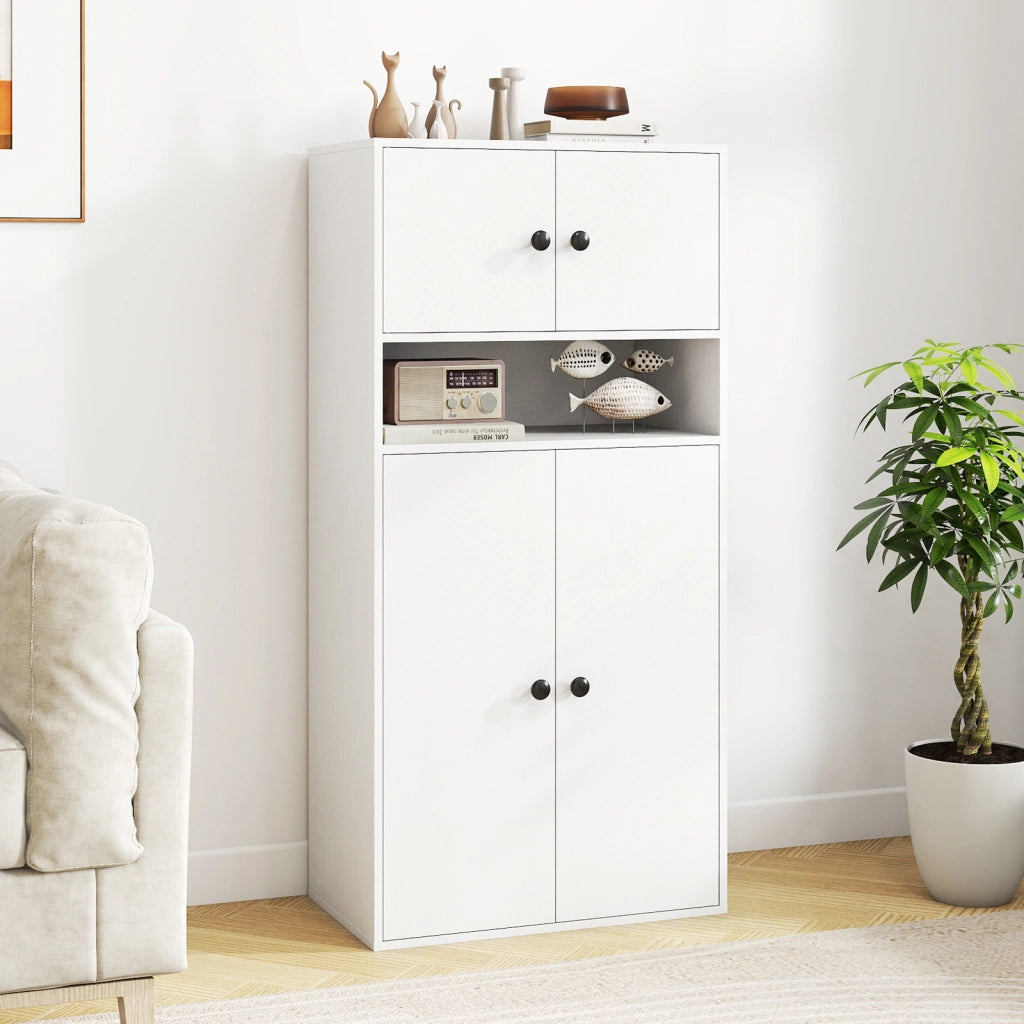 Libreria alta 111 cm con 4 ante-Vetrina autoportante con 2 kit anti-ribaltamento per casa Bianco