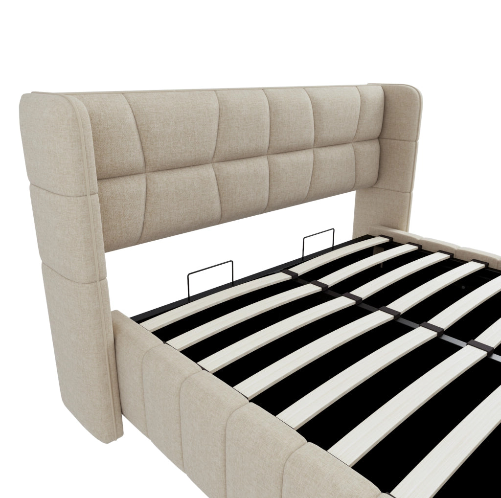 Letto imbottito 140x200 cm con vano contenitore e testiera rivestita beige