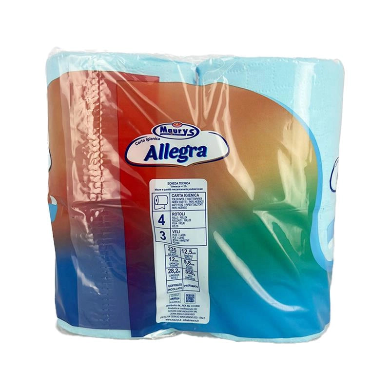 MAURY'S CARTA IGIENICA 4 ROTOLI 3 VELI COLORE CELESTE DELICATAMNETE PROFUMATA MORBIDA E RESISTENTE 550 GR