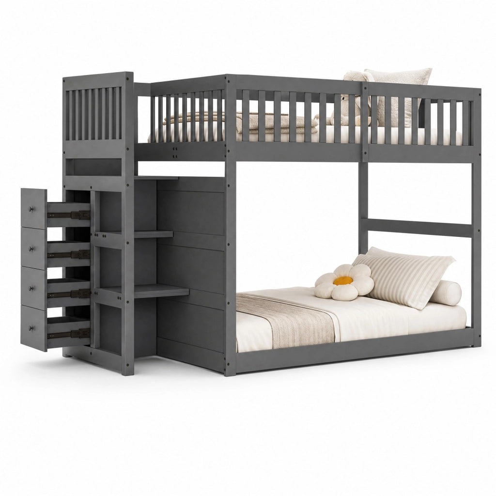 Letto a castello basso 140 x 200 cm grigio con scala e cassetti