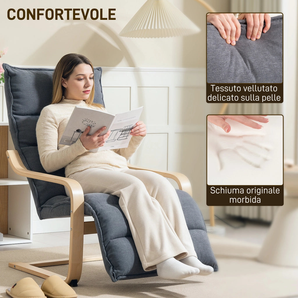 Poltrona Relax in Legno con Rivestimento in Velluto e Poggiapiedi Regolabile, Grigio Scuro
