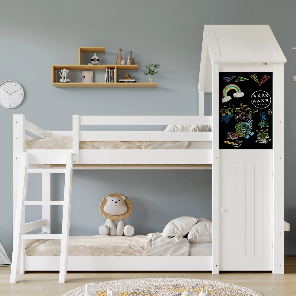 Letto a castello con porta e lavagna in legno massiccio e MDF 90x200 cm
