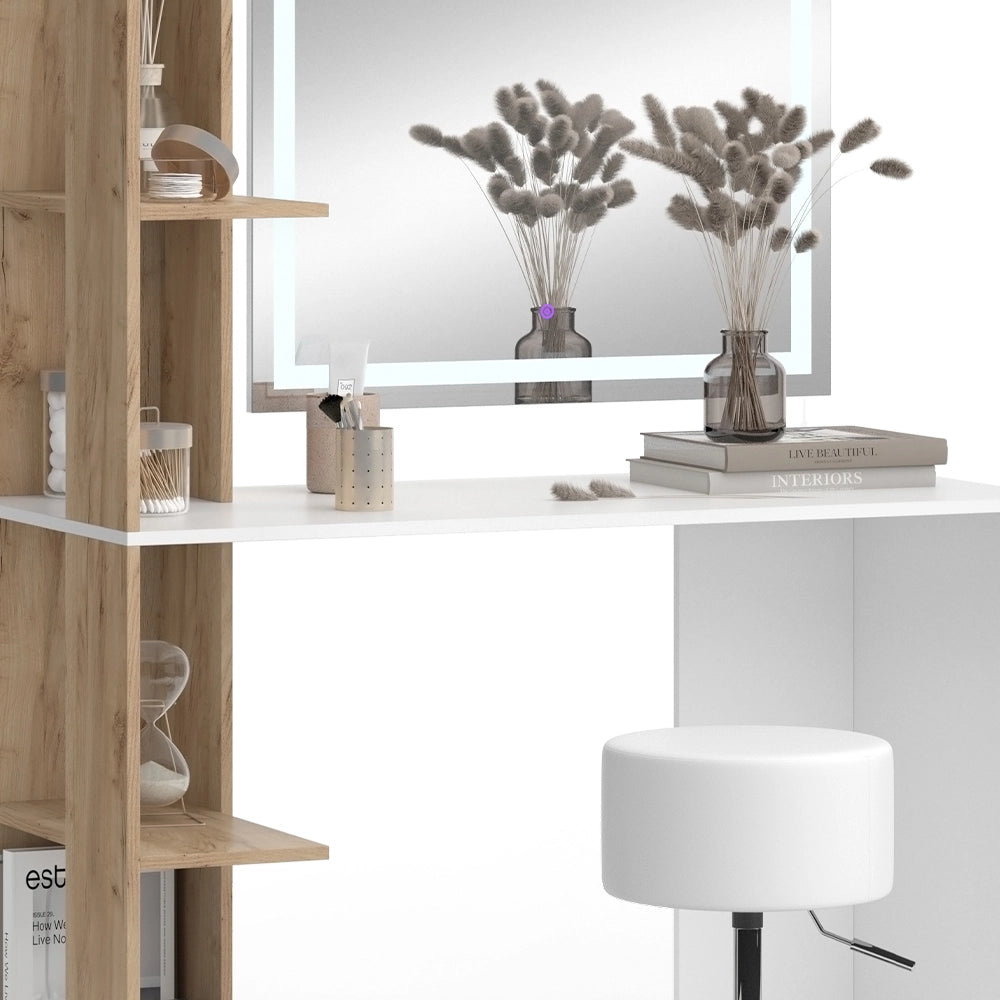 Vicco Tavolo da toeletta Bianco/Sonoma 122.2 cm con specchio LED e sgabello
