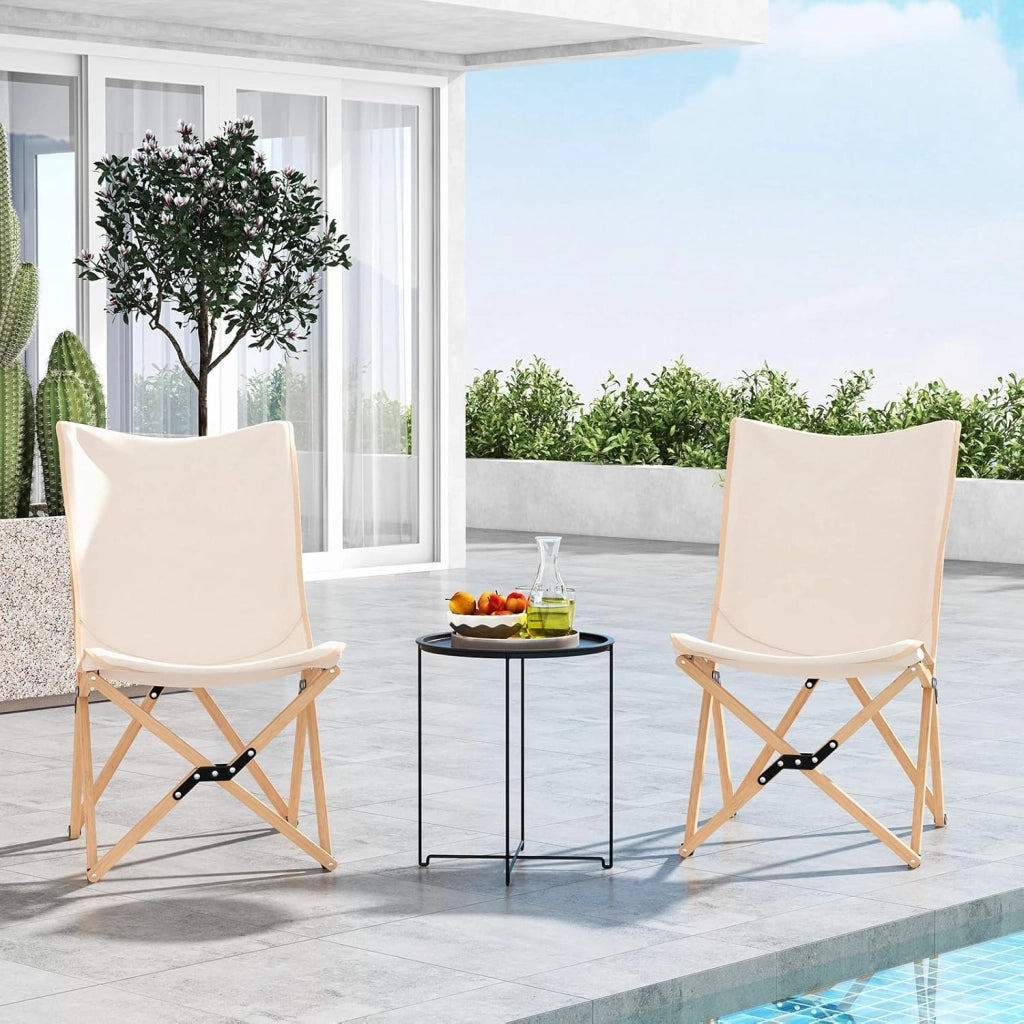 Set di 2 Sedie da Campeggio a Farfalla Pieghevole, con Borsa per il Trasporto, Sedia da Giardino in Bambù con Tasca Portaoggetti, Capacità di 150 KG, per Campeggio Pesca Picnic (Beige)
