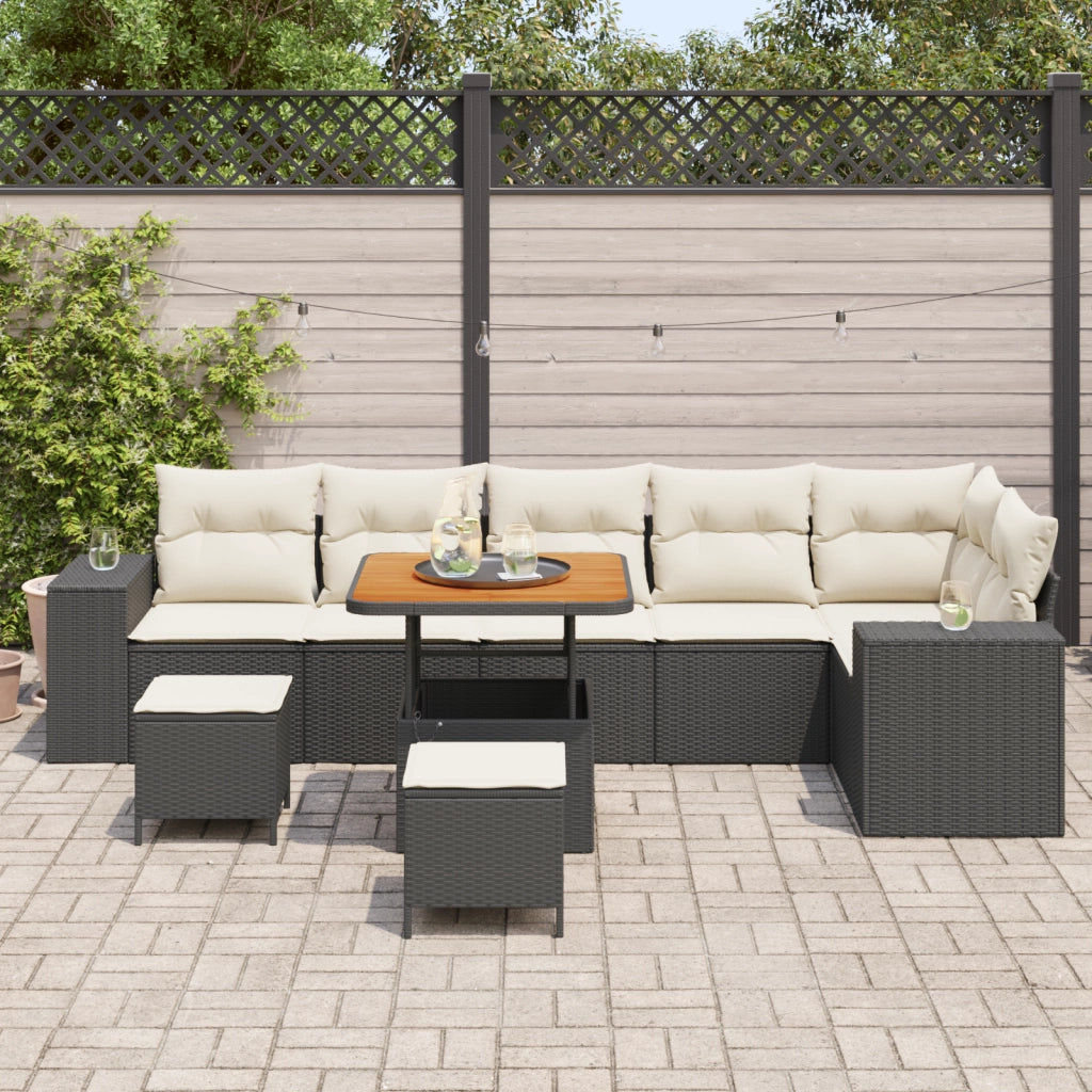Set Divano Giardino  9 Pezzi con Cuscini Polyrattan Nero e Acacia