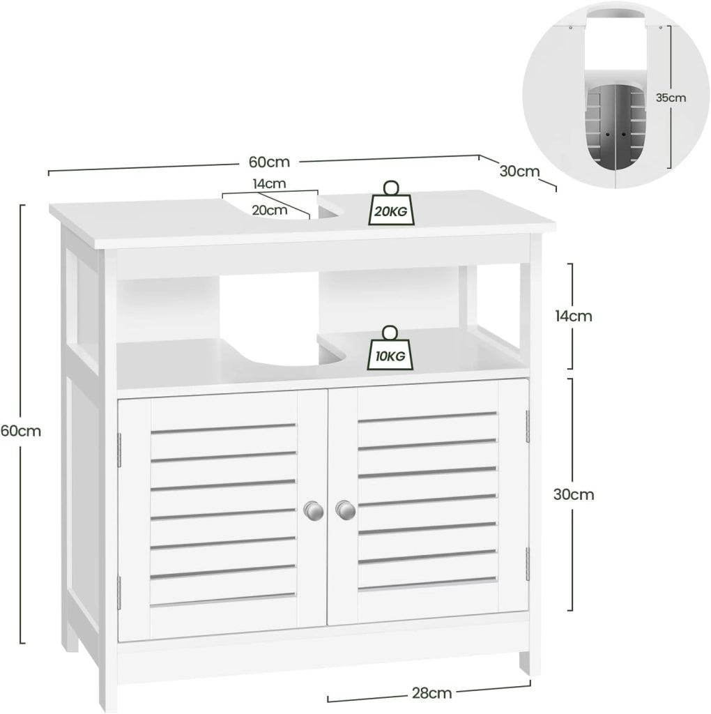 Armadietto Sottolavabo Bianco Mobiletto sotto Lavandino Sottolavello per Bagno con Due Ante in Legno
