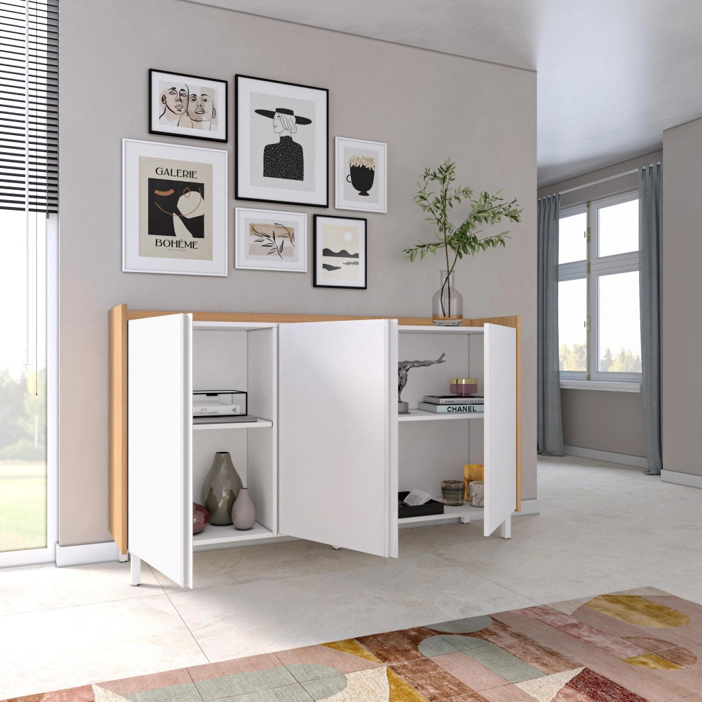 Credenza, Mobile, Cucina, 156x91x35 cm, 3 Porte, Design industriale, Bianco e Rovere soft