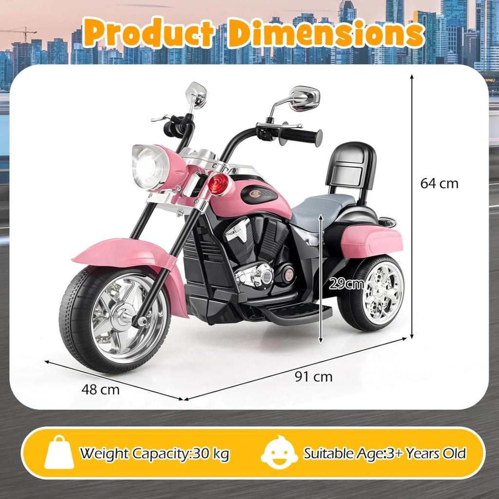 Moto Elettrica per Bambini 6V a 3 Ruote con Luci LED e Suoni, Motorino Triciclo con Acceleratore a Pedale, Motocicletta con Specchietto, 3 km/h, Carico 30 kg, 3+ Anni (Rosa)