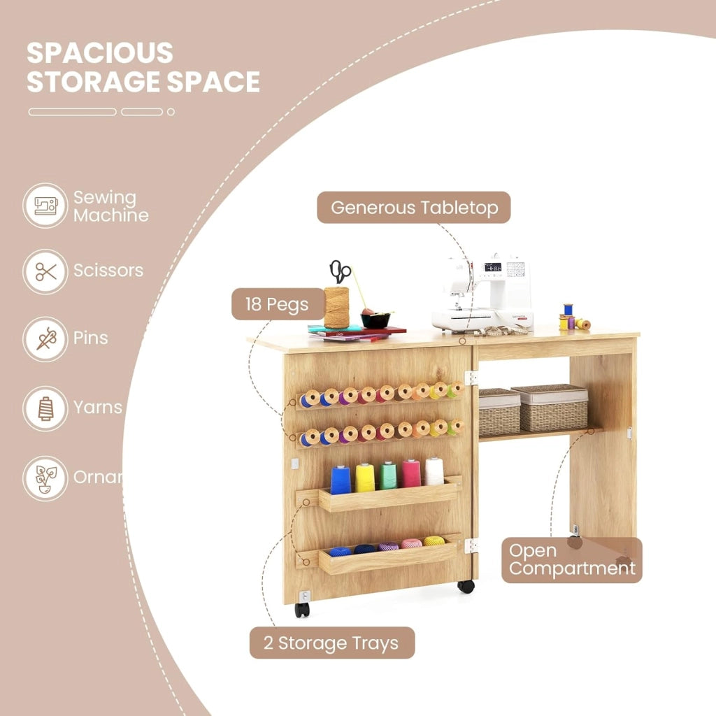 Tavolo Cucire con Ruote, Tavolino Cucito Pieghevole, Asse da Stiro Richiudibile, Mobile per Macchina da Cucire a Scomparsa, Allungabile a 3 Livelli, 58x40x78 cm, 2 Colori Disponibili