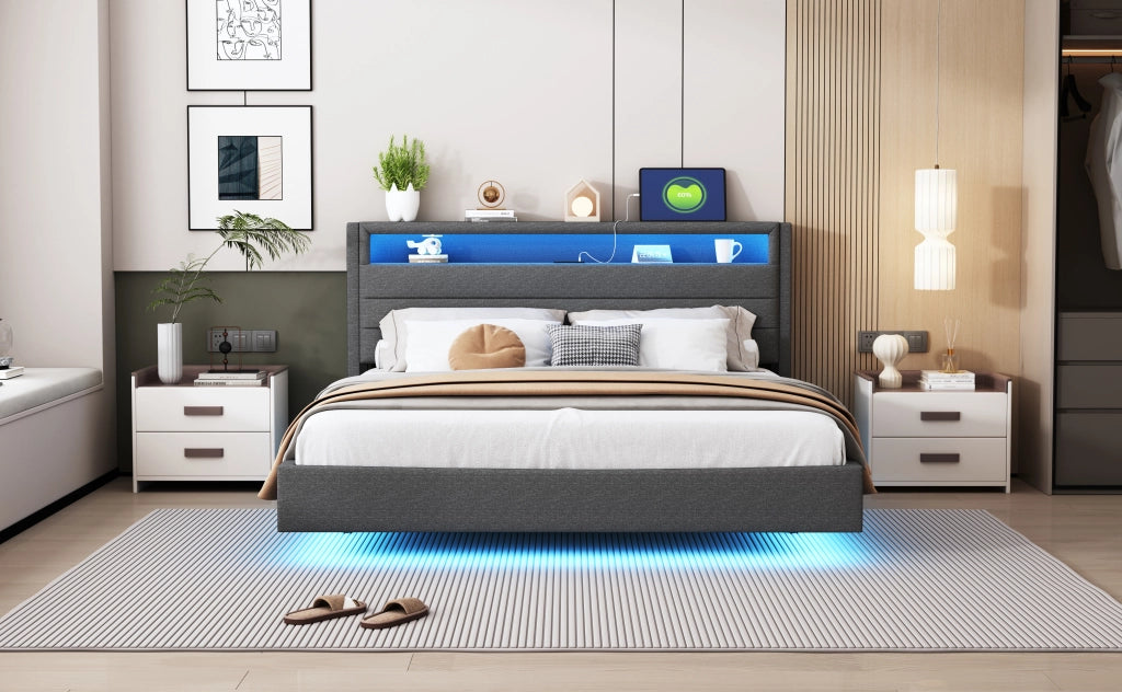 Letto matrimoniale – 160x200 cm – USB LED testiera reversibile – lino grigio