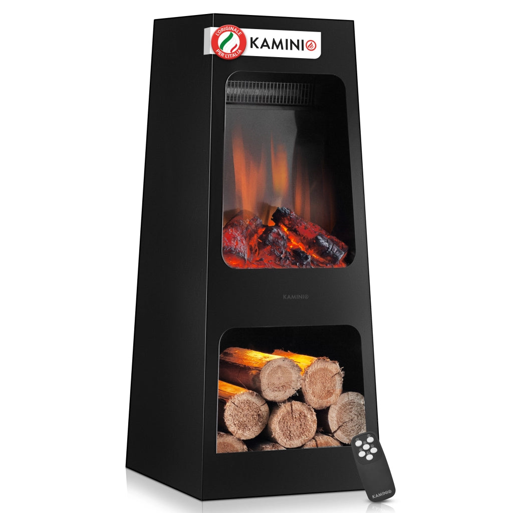 KAMINIO Caminetto elettrico da giardino KAI L - Stufa de terrazzo  elettrico con riscaldamento, effetto fiamma 3D, luce ambiente a LED, scomparto de legno, telecomando - Large, Nero