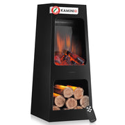 KAMINIO Caminetto elettrico da giardino KAI L - Stufa de terrazzo  elettrico con riscaldamento, effetto fiamma 3D, luce ambiente a LED, scomparto de legno, telecomando - Large, Nero