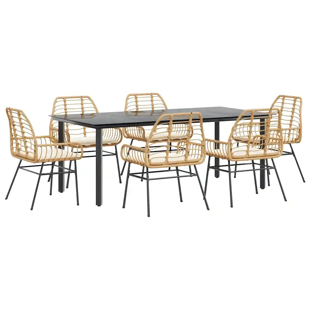 Set Pranzo da Giardino 7pz con Cuscini Marrone Polyrattan Vetro