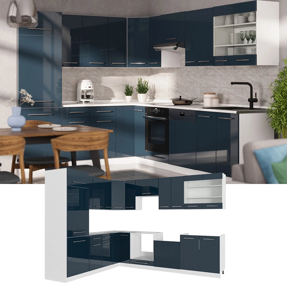 Cucina angolare completa Fame-Line Blu scuro lucido/Bianco 287 x 227 cm, PL Rovere Vicco