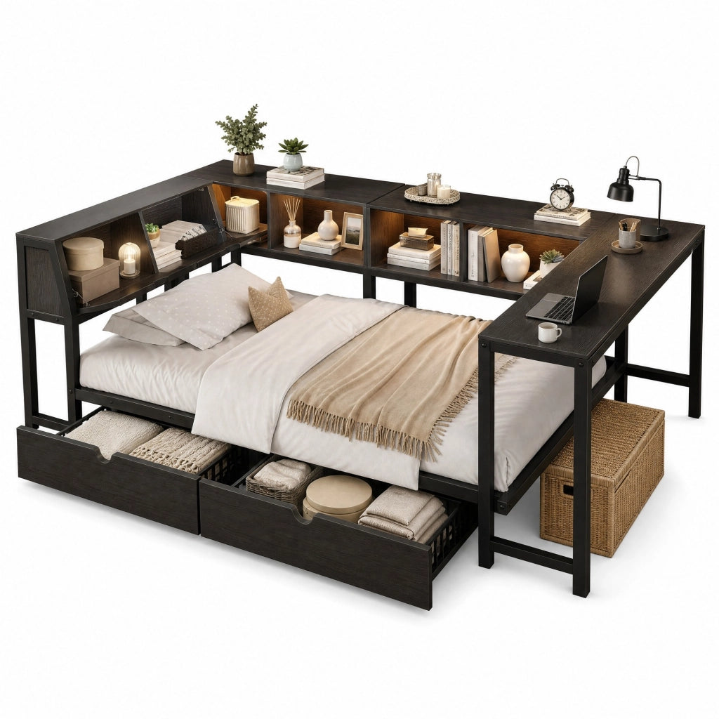 Letto singolo multifunzione 90x200 cm con scrivania; LED e cassetti; nero
