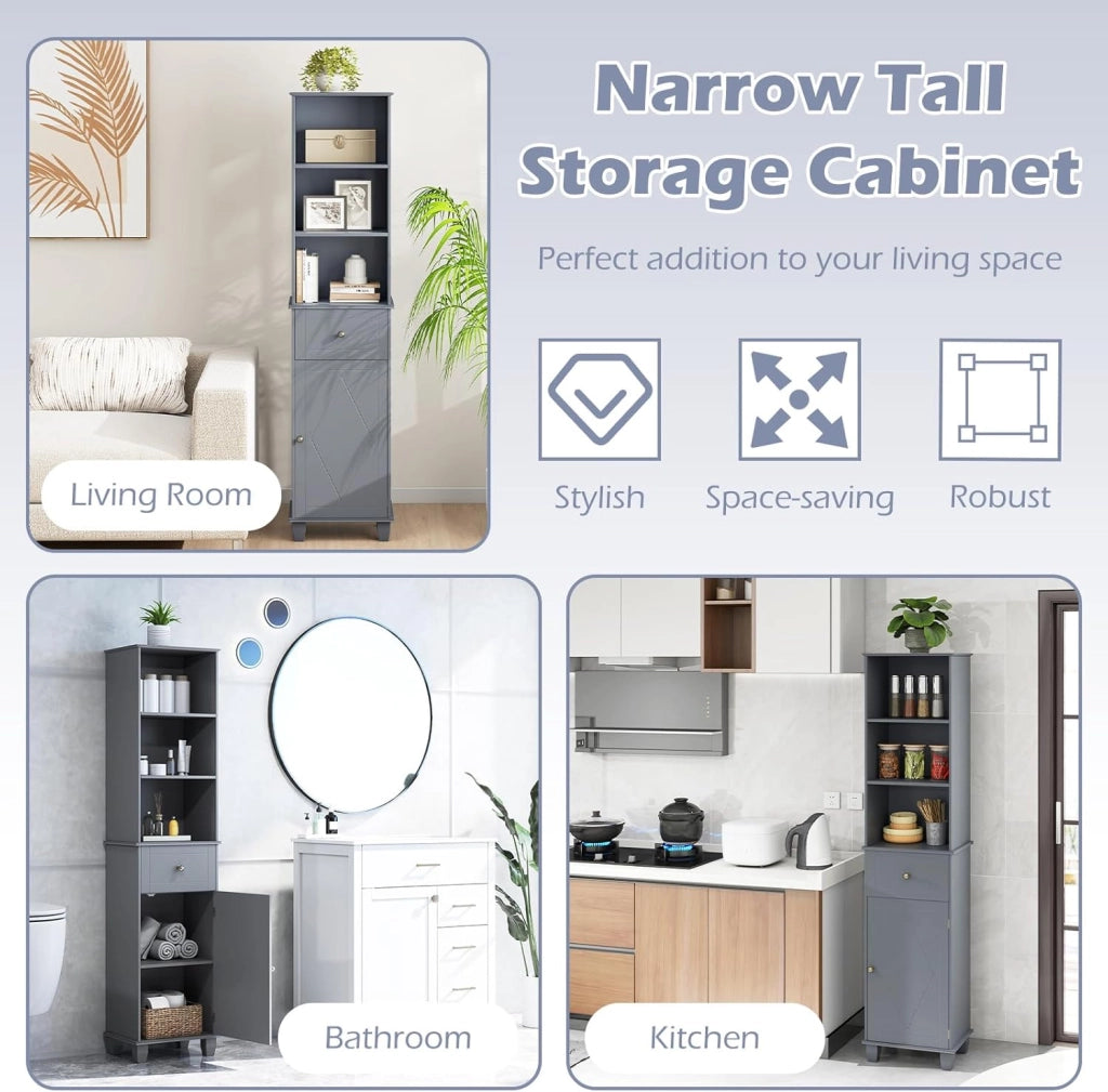 Armadio alto da bagno 172 cm, mobile a colonna da pavimento con 3 ripiani aperti, 1 cassetto e 1 porta, ripiano inferiore regolabile, 40 x 30 x 172 cm, organizer per cucina, soggiorno (grigio)