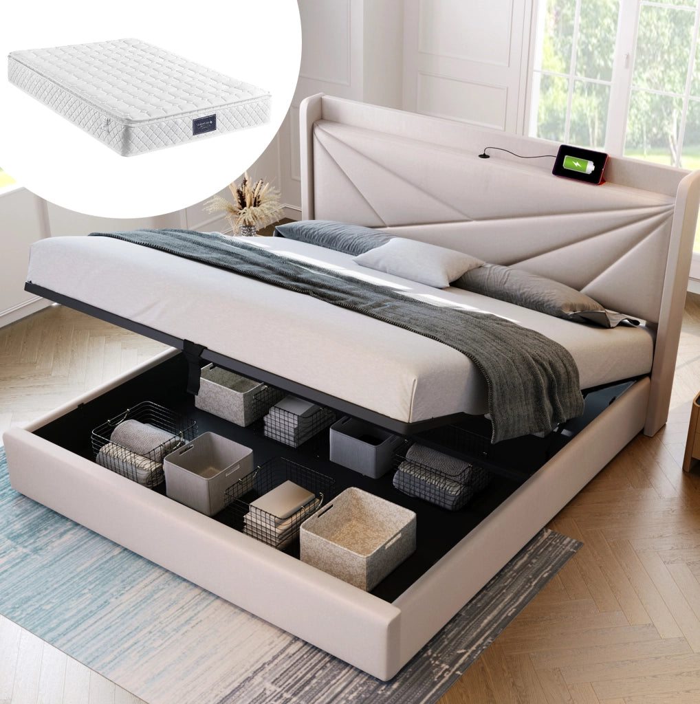 Letto matrimoniale 160x200 cm con contenitore; testiera USB e Type-C; beige; con materasso