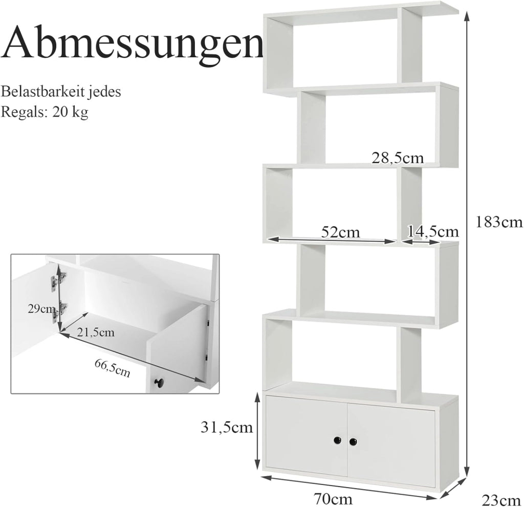 Scaffale Libri, 6 Livelli Ripiani con Ante, Minimalismo, Scaffale in Legno Industriale, Organizzatore di Libri, per Salone, Studio e Ufficio, 70 x 23 x 183 cm (Bianco)
