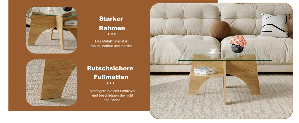TAVOLINO Quadrato 80 cm Vetro temperato Trasparente e MDF Effetto legno chiaro