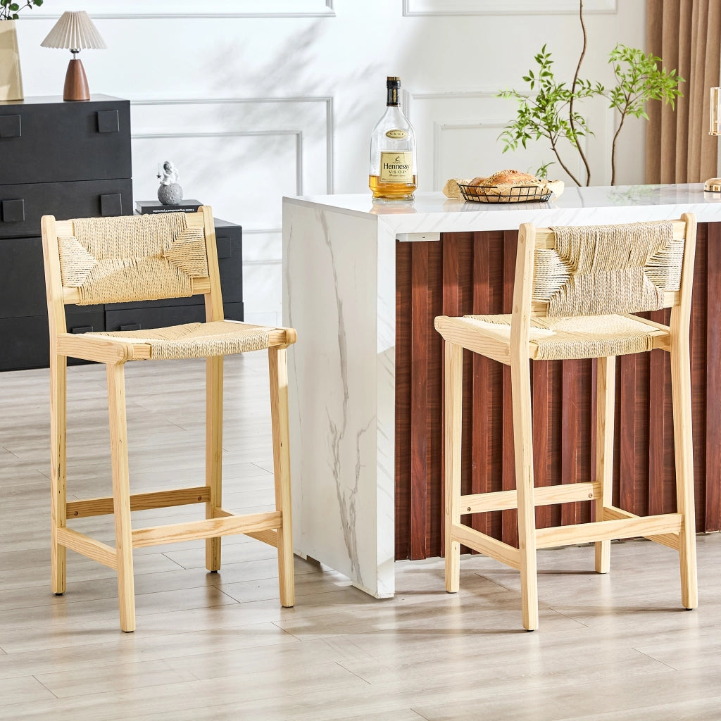 Sgabello da bar con schienale intrecciato seduta traspirante per isola cucina in legno massello colore legno