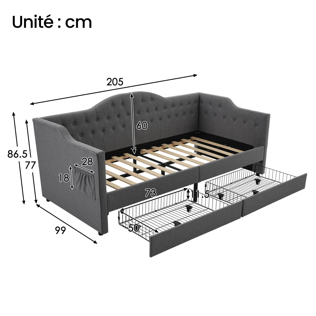 Letto Divano 90 x 190 cm; Letto Singolo con 2 Cassetti; USB e Tipo C; senza Materasso; Lino Grigio